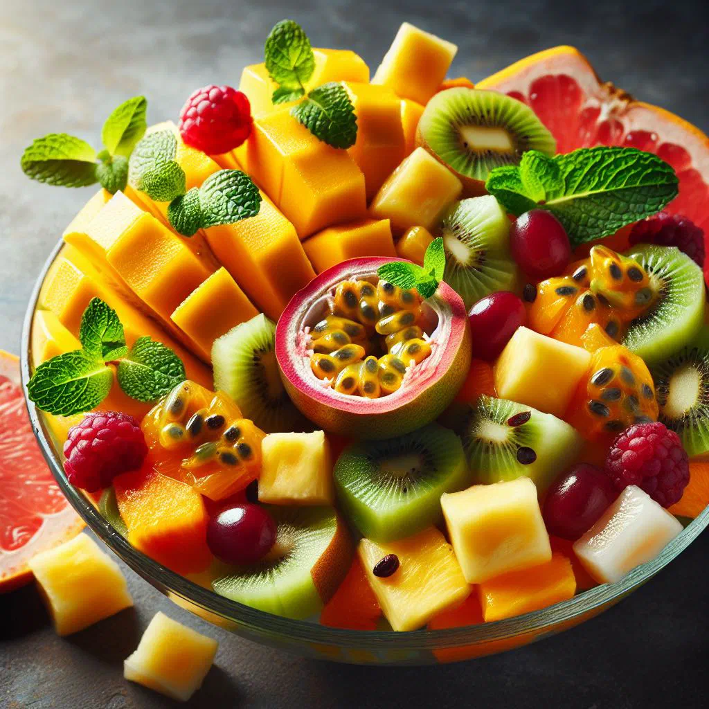 Colourful tropical fruit salad with mango, pineapple, papaya and coconut