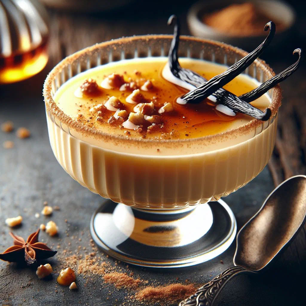 Creamy vanilla rum custard served in a glass with fresh berries