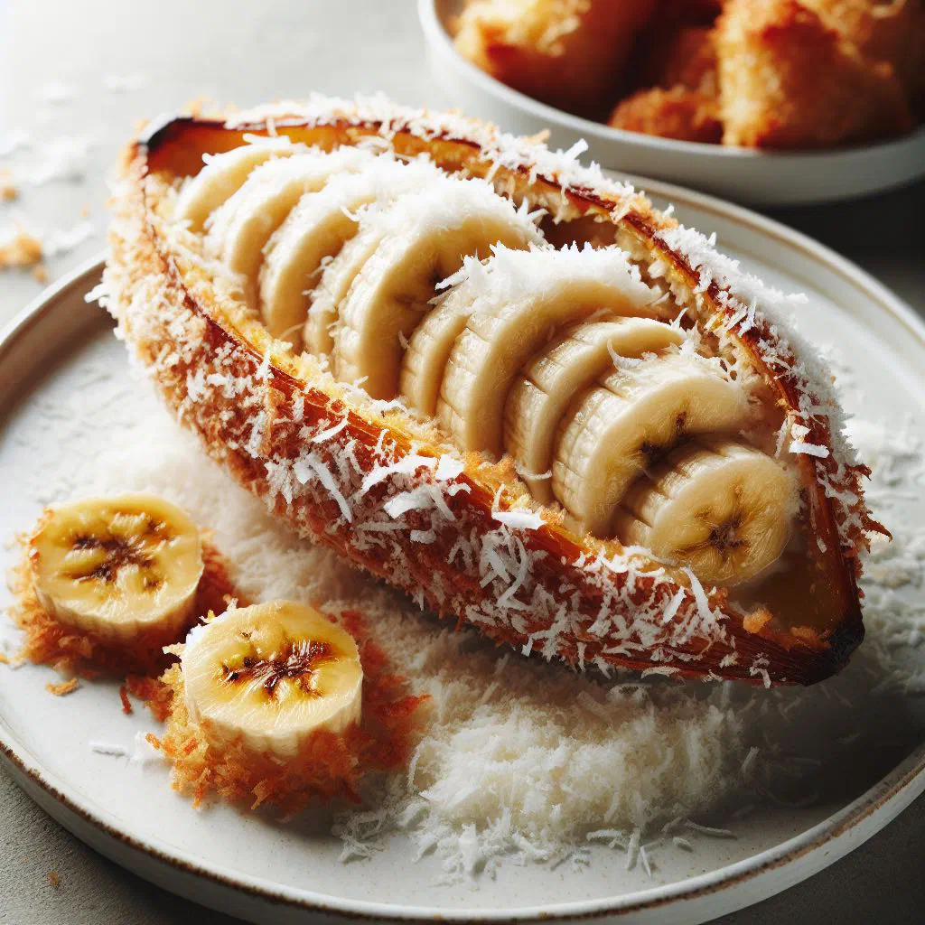 Baked banana halves topped with grated coconut and a honey drizzle