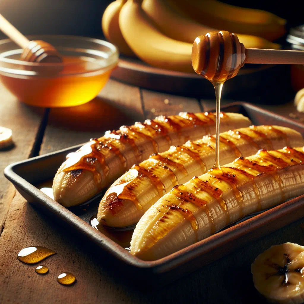 Baked bananas drizzled with golden honey on a plate
