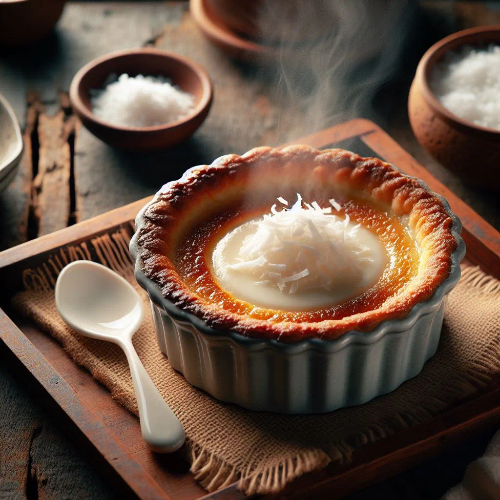 Golden baked coconut pudding in a dish topped with toasted coconut