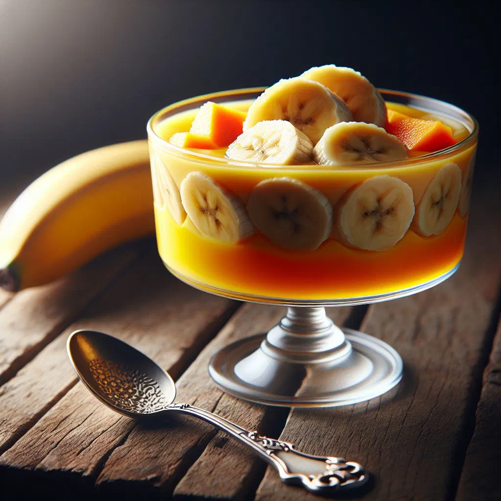 Creamy banana and papaya pudding in a glass topped with fresh fruit