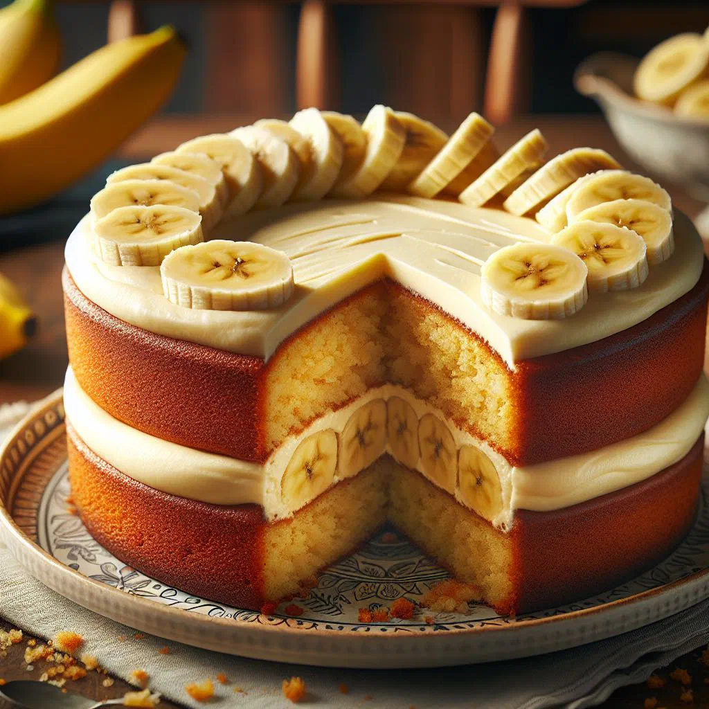 Slice of golden banana cake with a soft, moist crumb