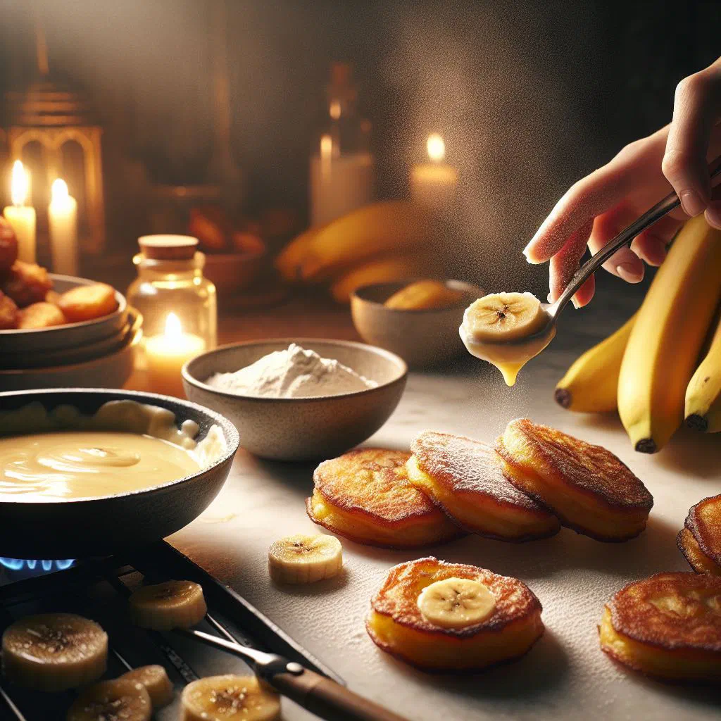 Golden deep-fried banana fritters dusted with icing sugar