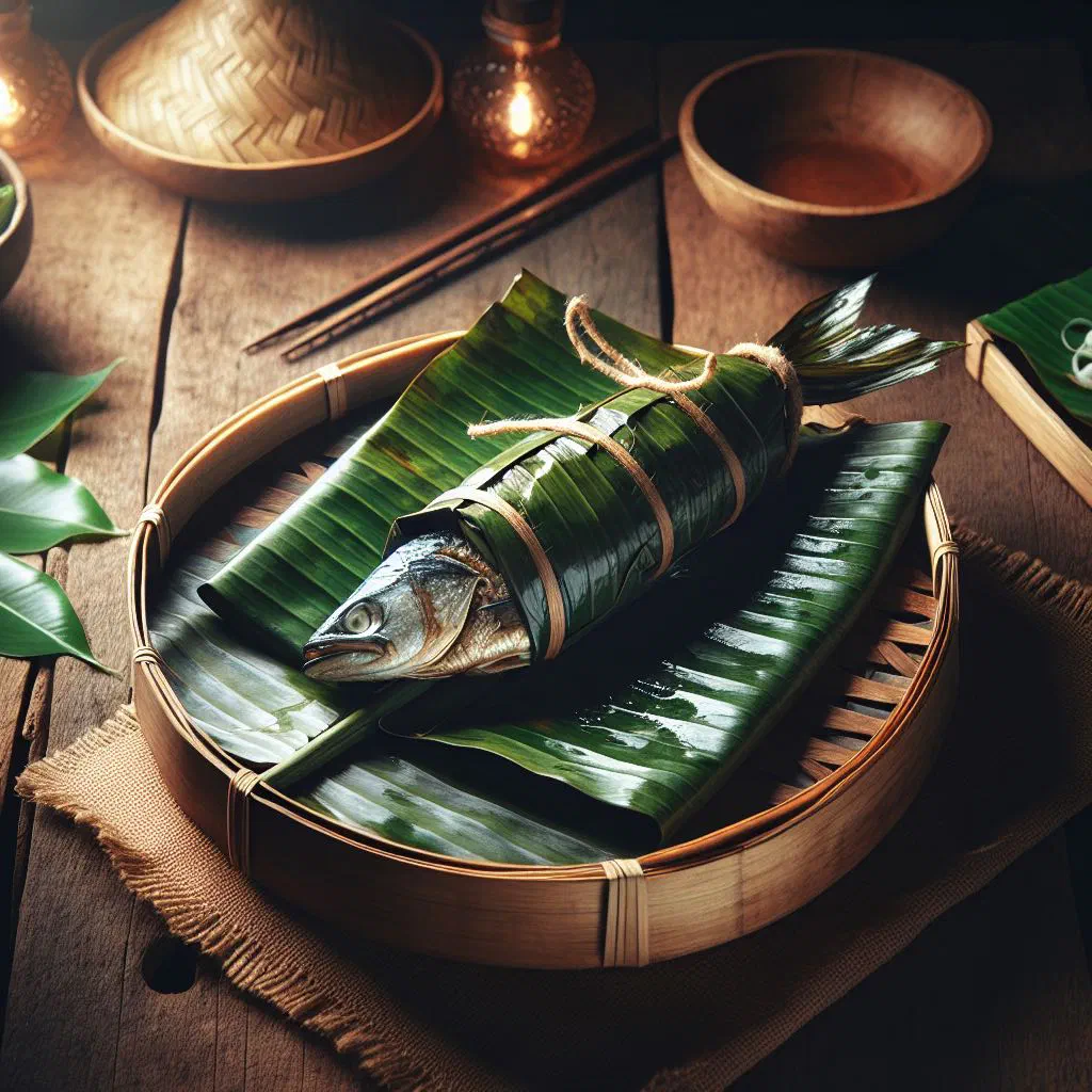 Fresh fish wrapped and steamed in banana leaves, garnished with lime and herbs