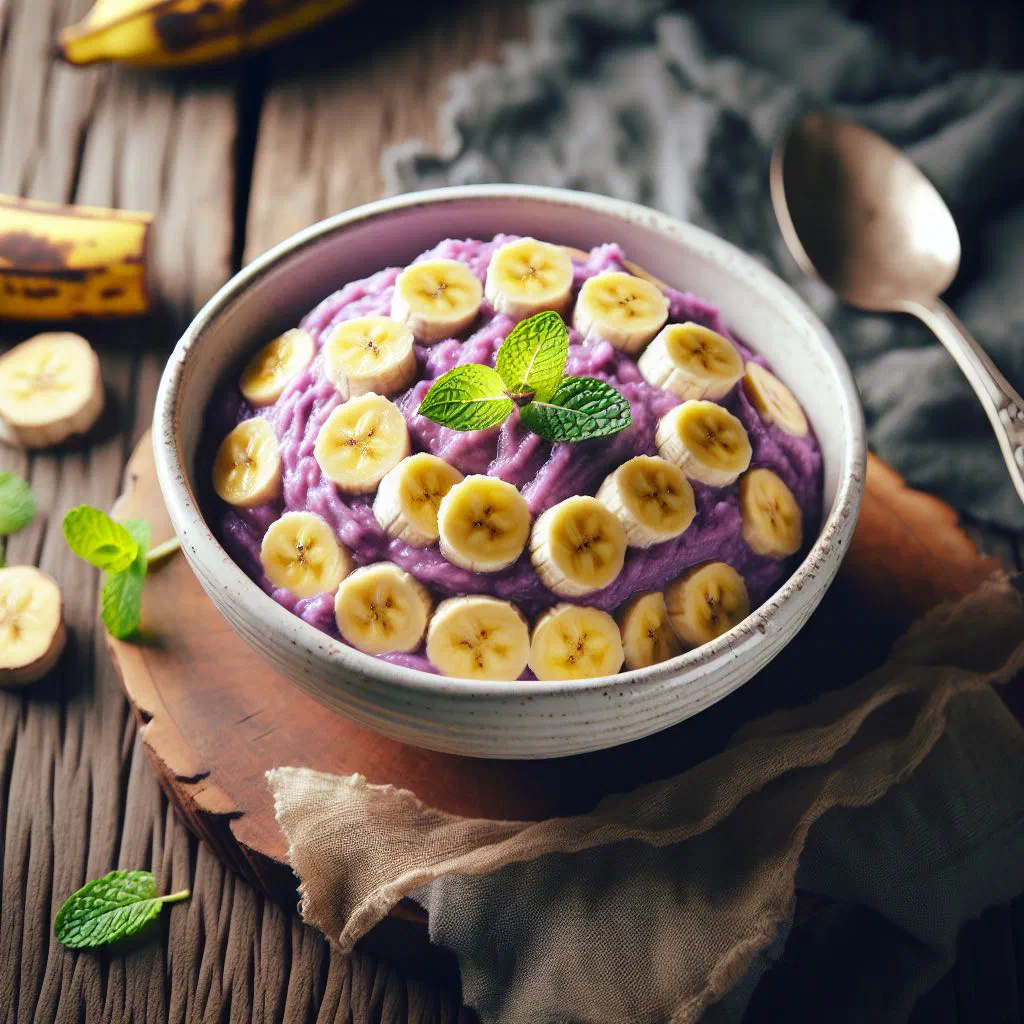 Creamy banana and taro mash in a bowl topped with coconut and lime