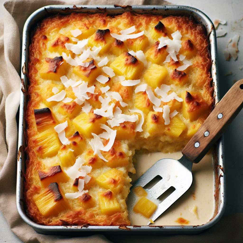 Golden baked breadfruit and coconut bake garnished with chopped nuts