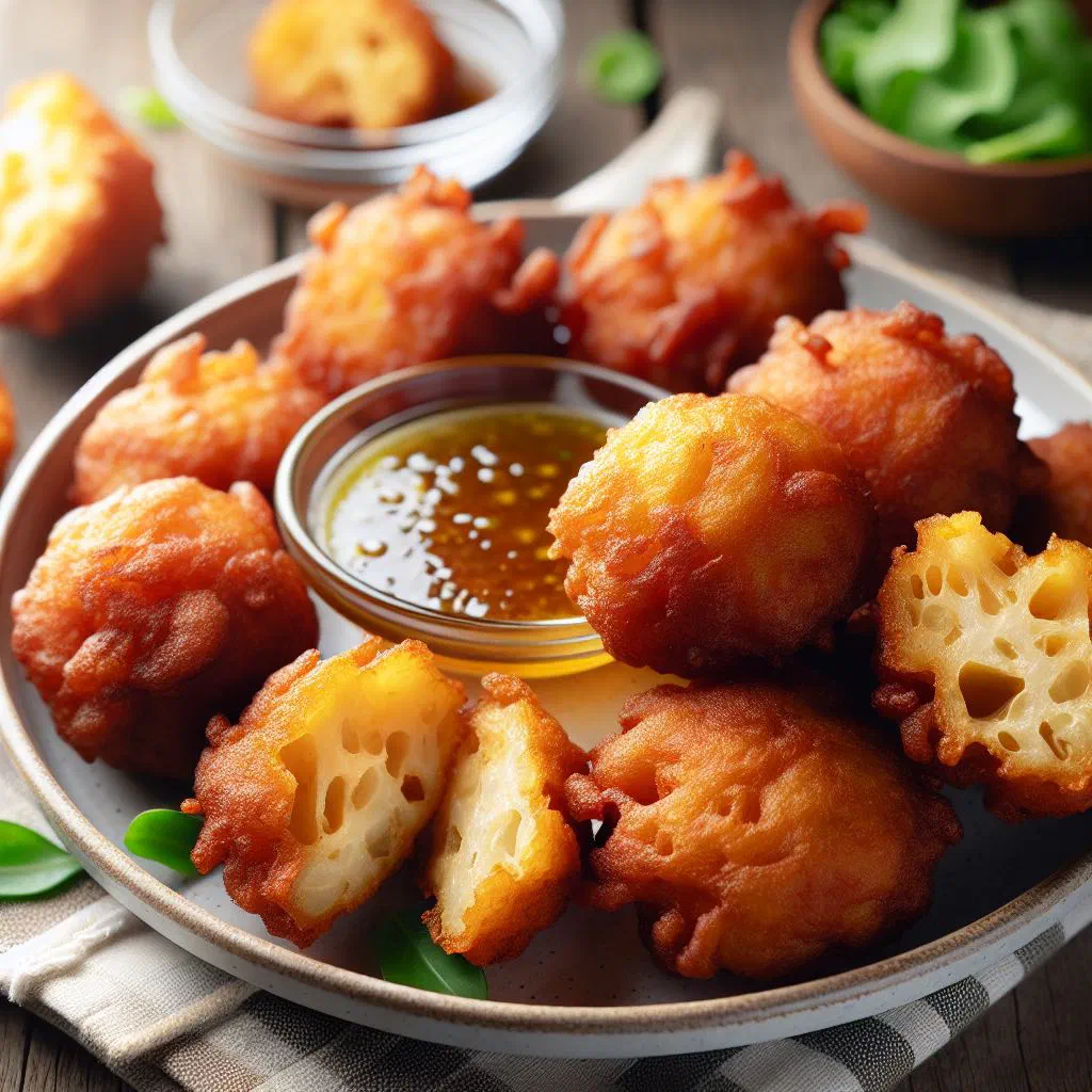 Golden, crisp breadfruit fritters served on a plate with fresh herbs
