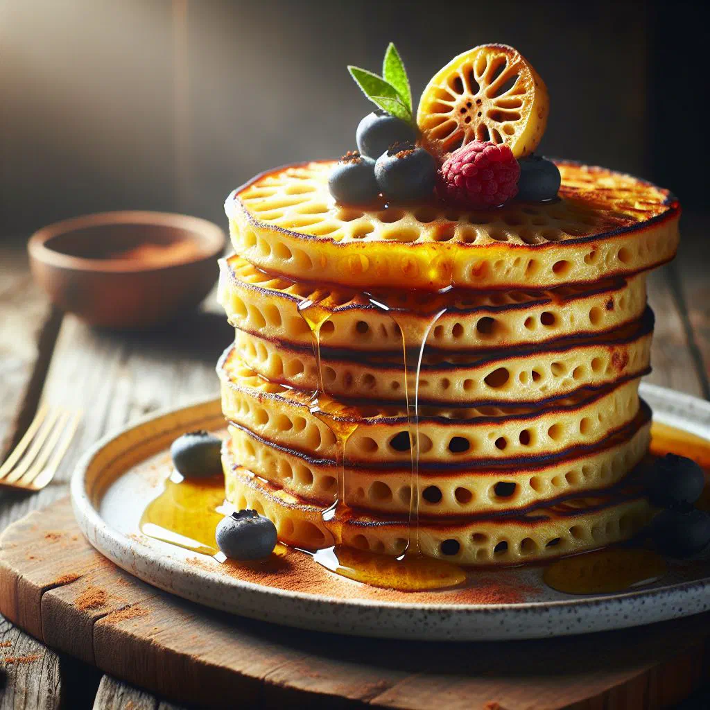 Golden breadfruit pancakes stacked on a plate with fresh fruit