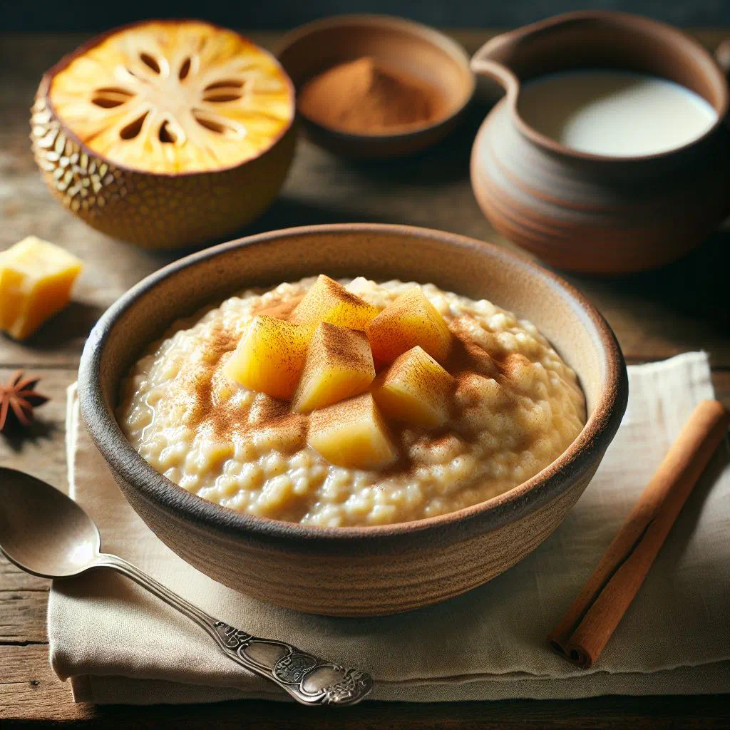 Creamy breadfruit porridge in a bowl with coconut milk and fruit