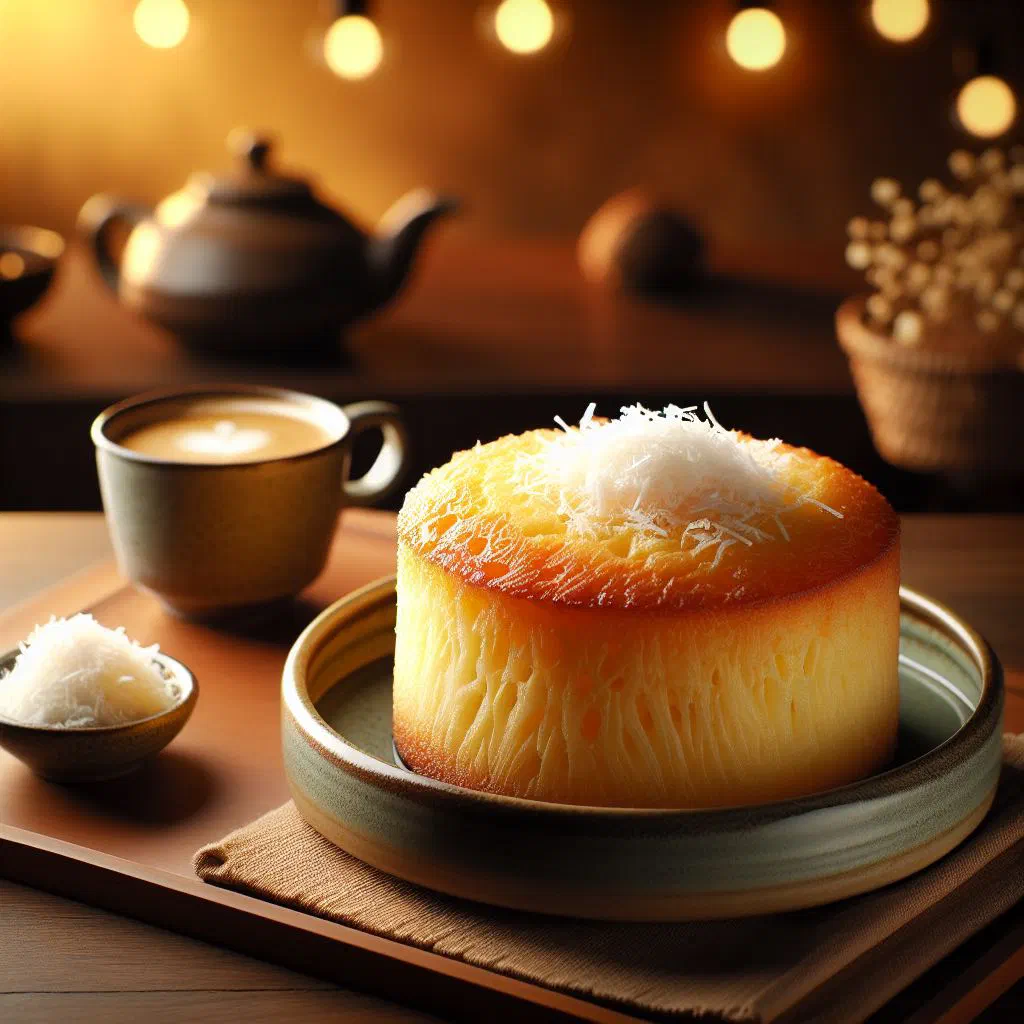 Golden cassava and coconut cake garnished with fresh coconut