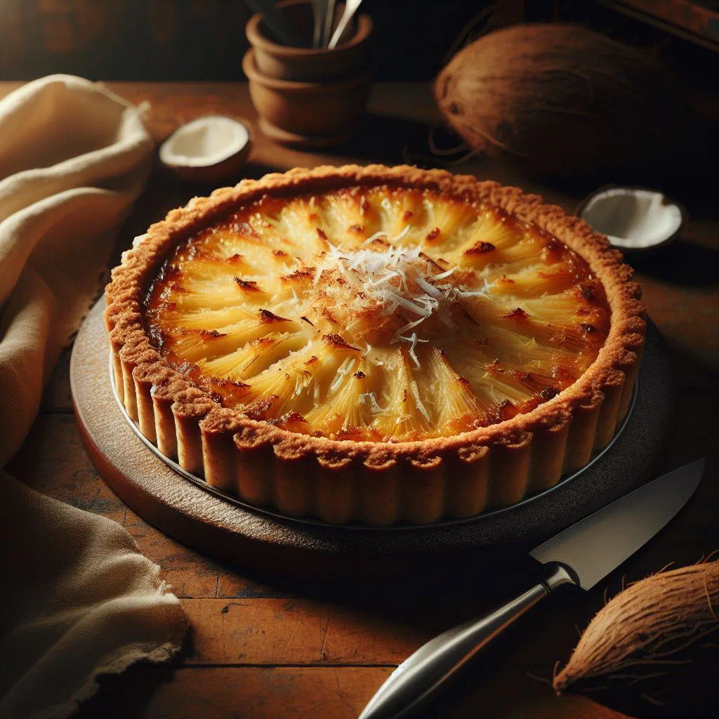 Golden-baked cassava and coconut tart on a serving plate