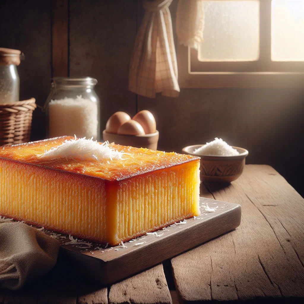 Golden baked cassava cake sliced into squares on a plate