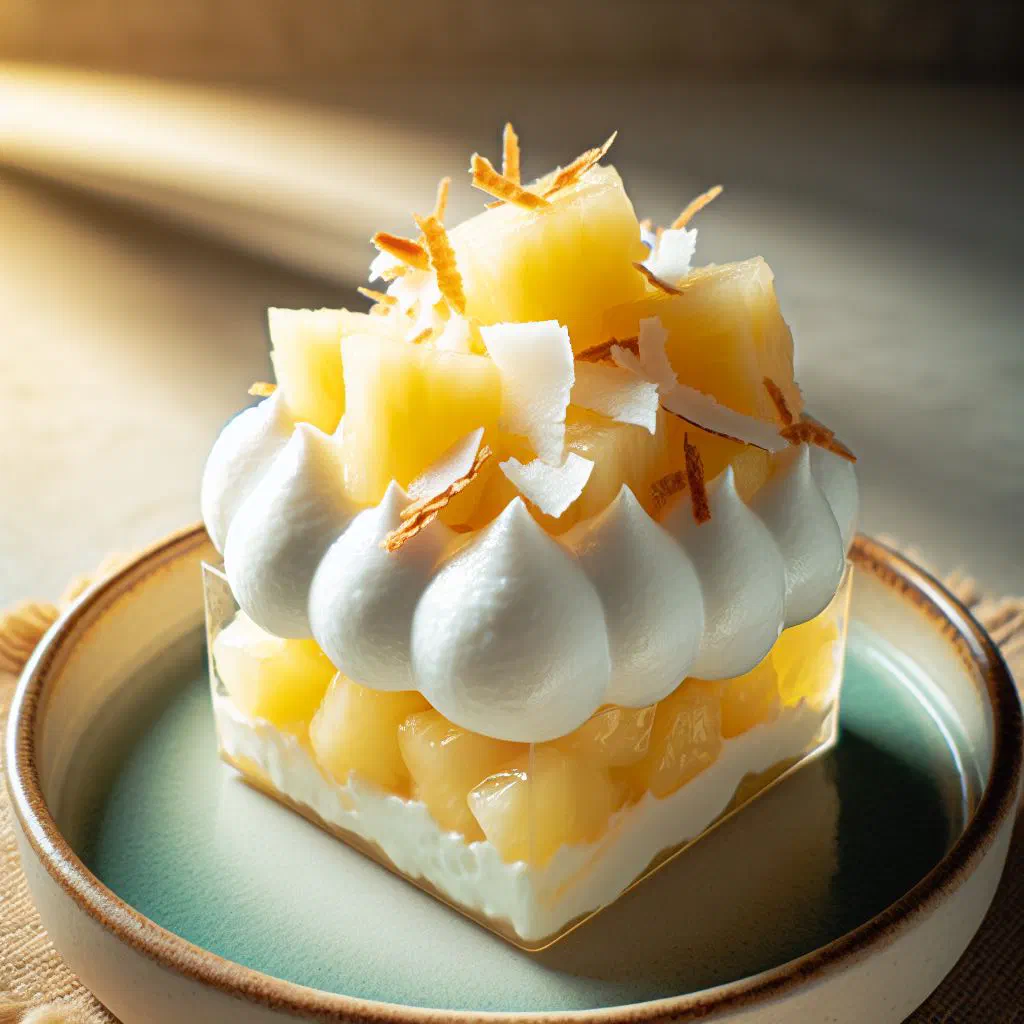 Chilled coconut and pineapple dessert garnished with fresh mint