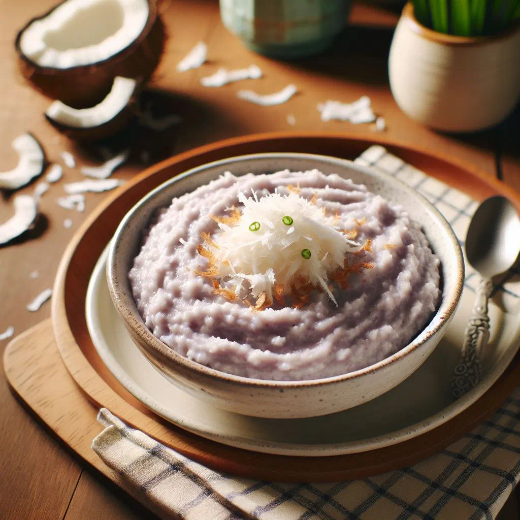 Creamy coconut and taro mash served warm in a bowl