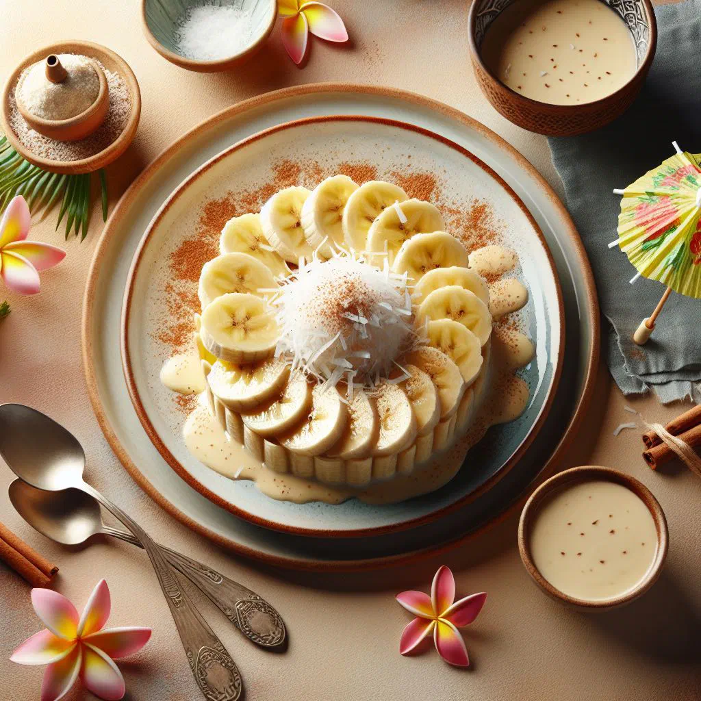 Layered coconut and banana dessert served in a glass with fresh mint