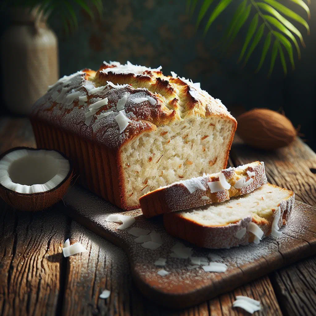Golden sliced coconut bread on a wooden board