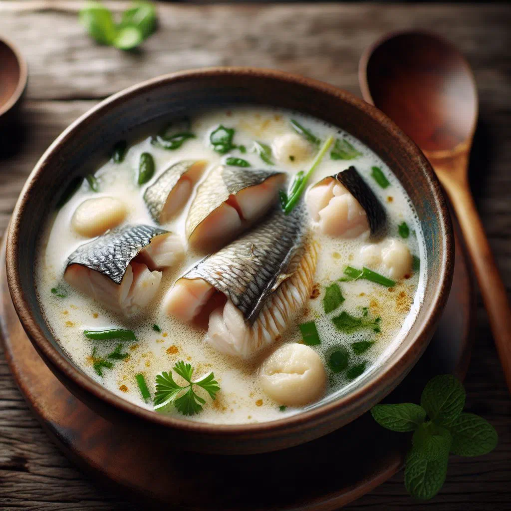Bowl of creamy coconut fish broth garnished with fresh coriander and lime