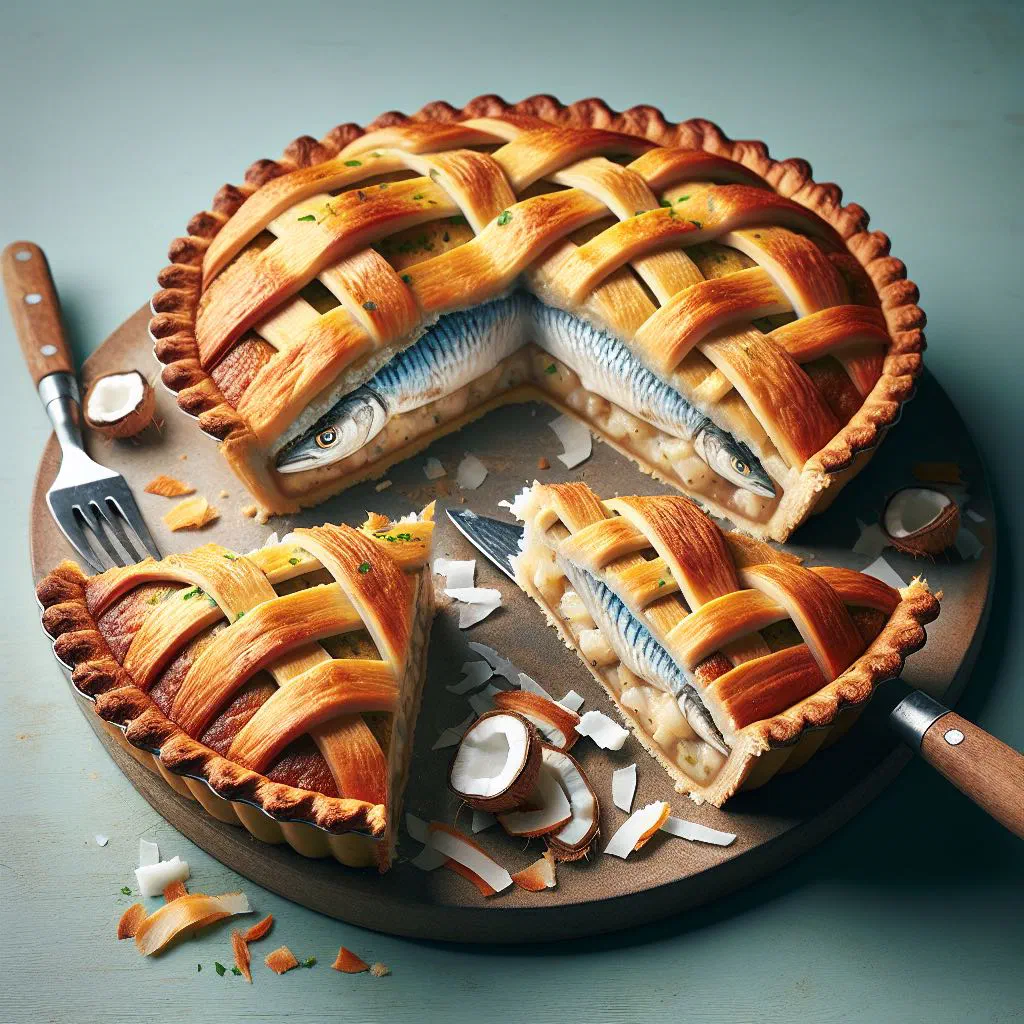 Golden-baked coconut fish pie in a pastry case, garnished with fresh herbs