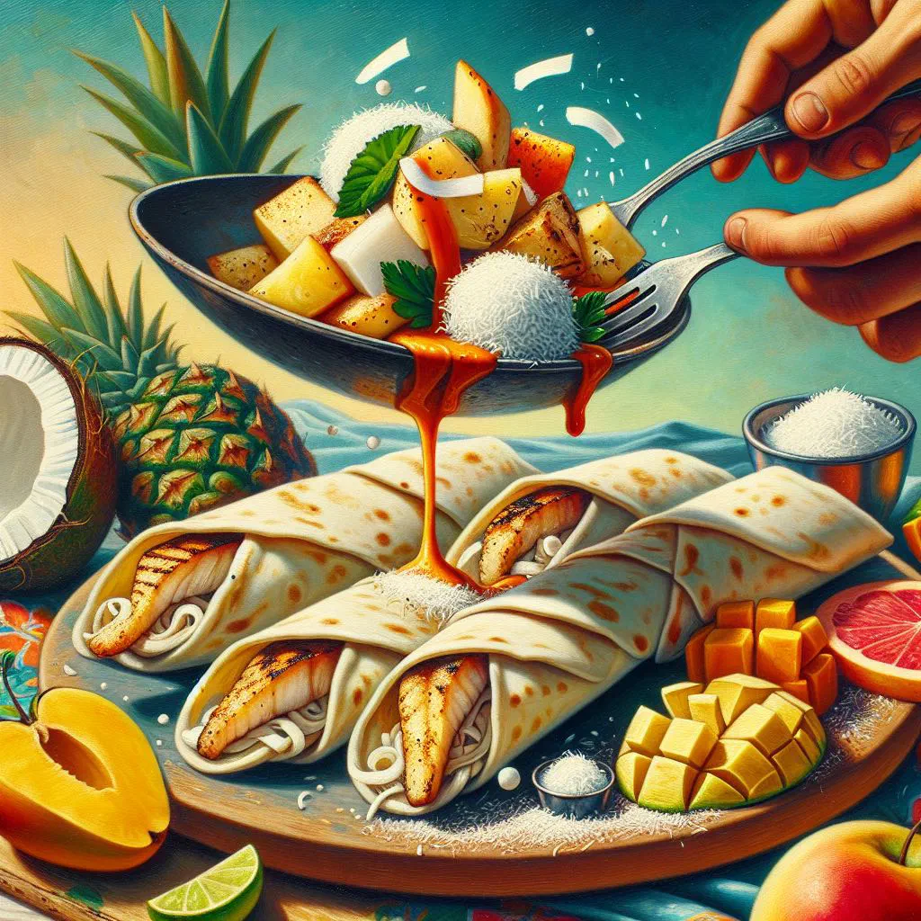 Coconut fish wraps filled with flaked fish, coconut and fresh coriander