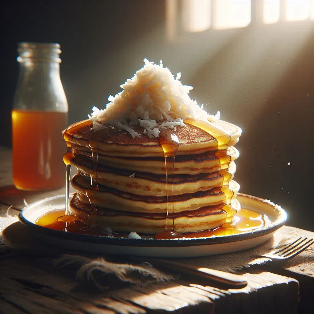 A stack of golden coconut honey pancakes drizzled with honey and fresh fruit
