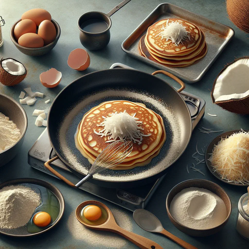 A stack of golden coconut pancakes topped with fresh tropical fruit