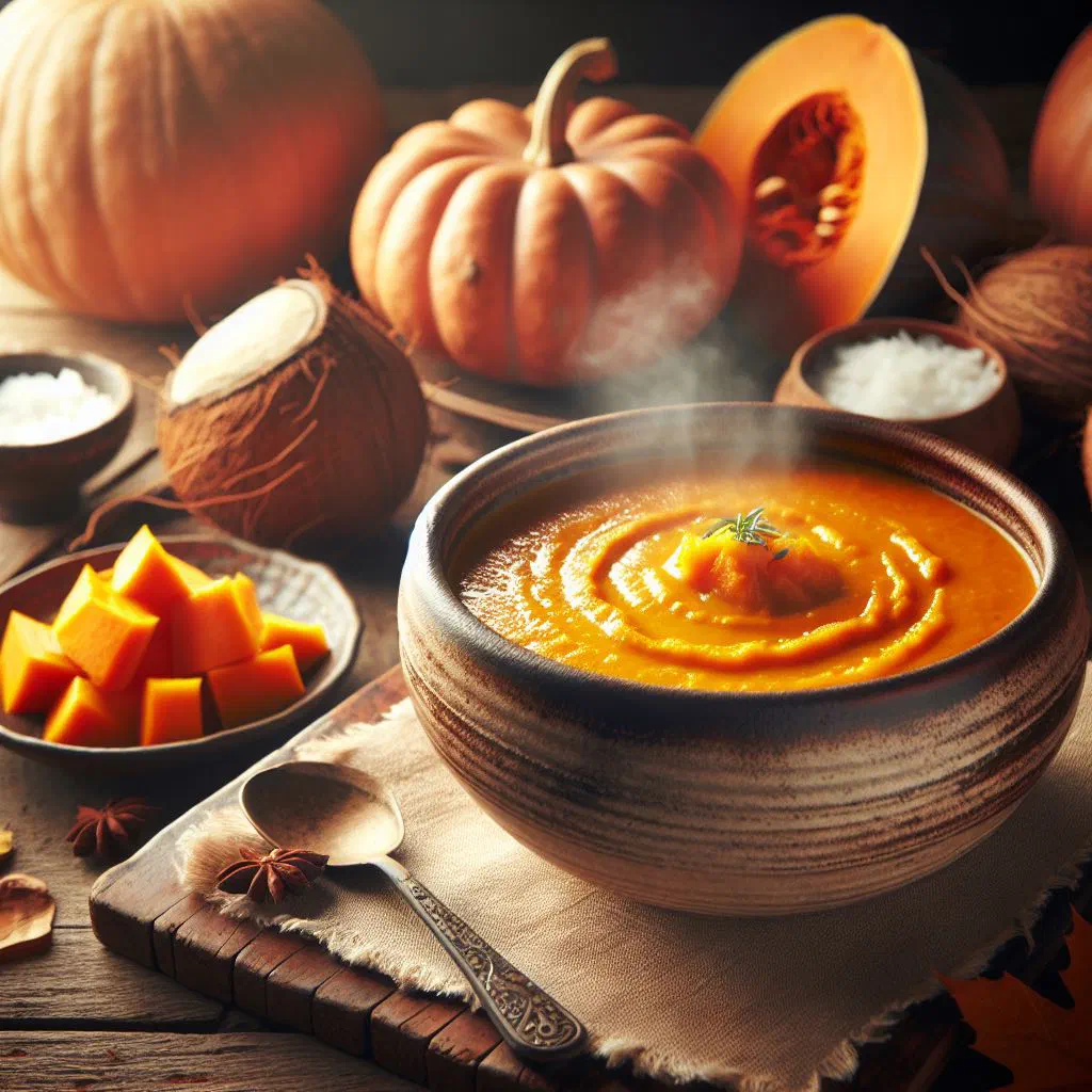 A bowl of creamy coconut pumpkin soup garnished with fresh herbs