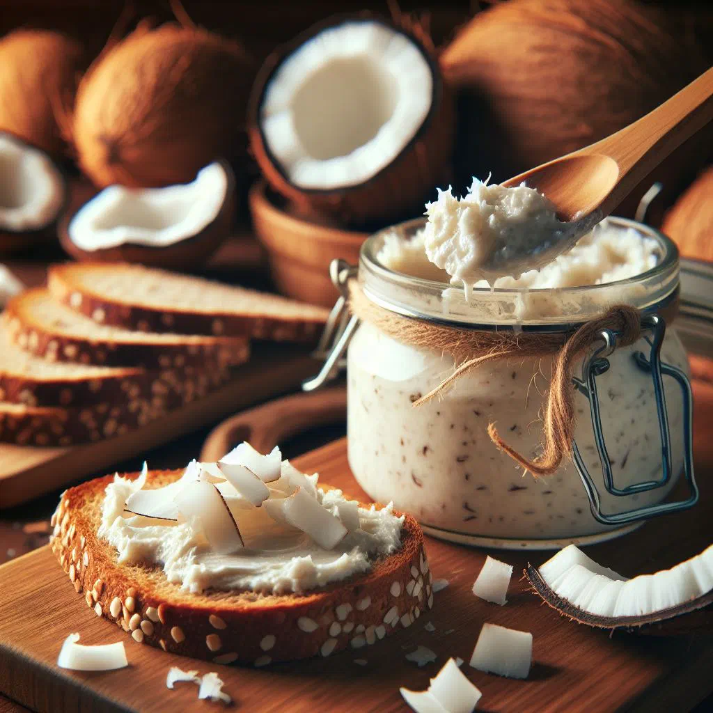 Creamy coconut spread in a bowl with toasted coconut flakes