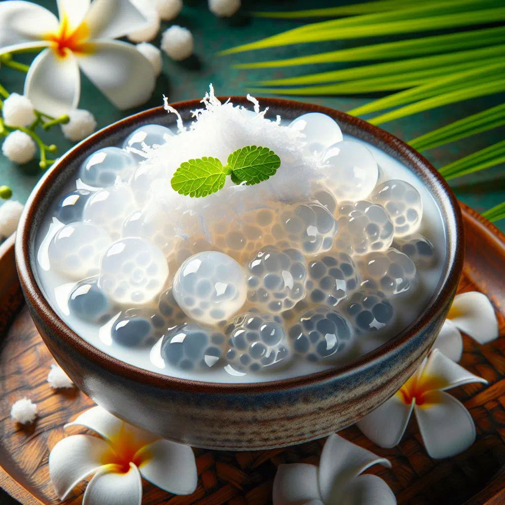 Creamy coconut tapioca pudding topped with fresh mango in a glass bowl