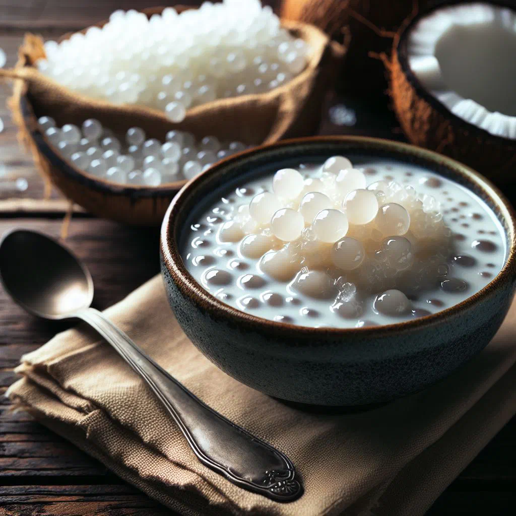 Creamy coconut tapioca pudding topped with fresh tropical fruit