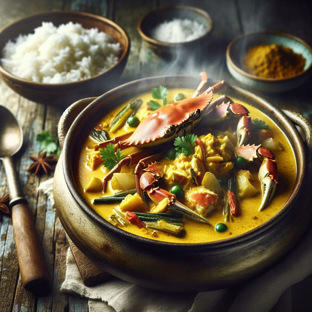 Crab coconut curry in a creamy sauce garnished with fresh coriander and lime