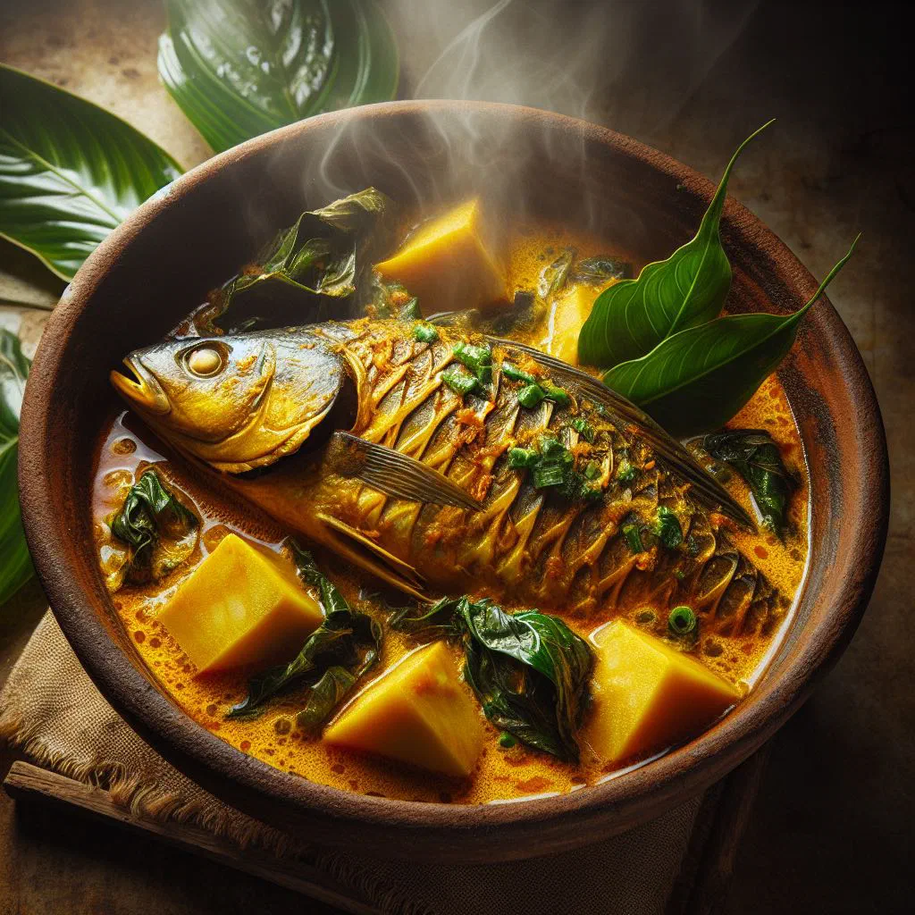 Fish and taro leaf curry in creamy coconut sauce garnished with fresh coriander