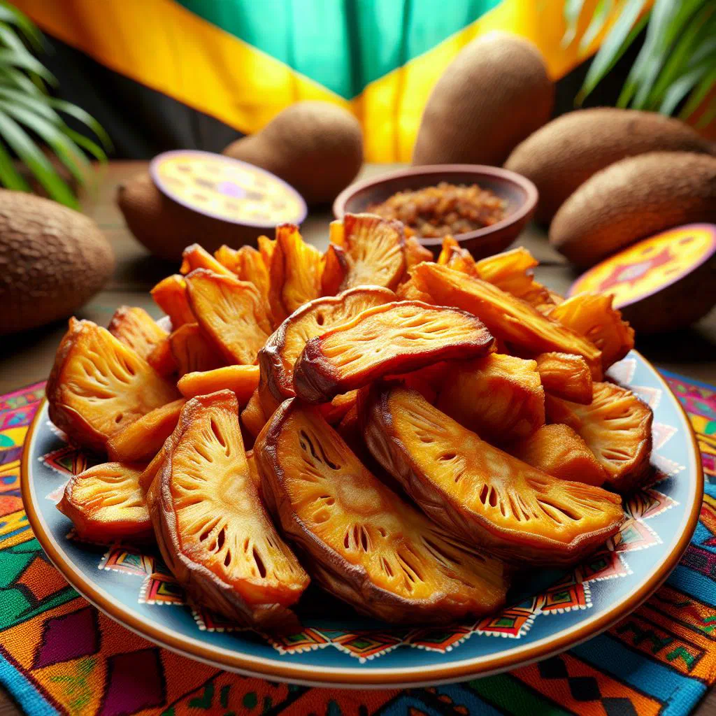 Golden, crispy fried breadfruit slices on a plate