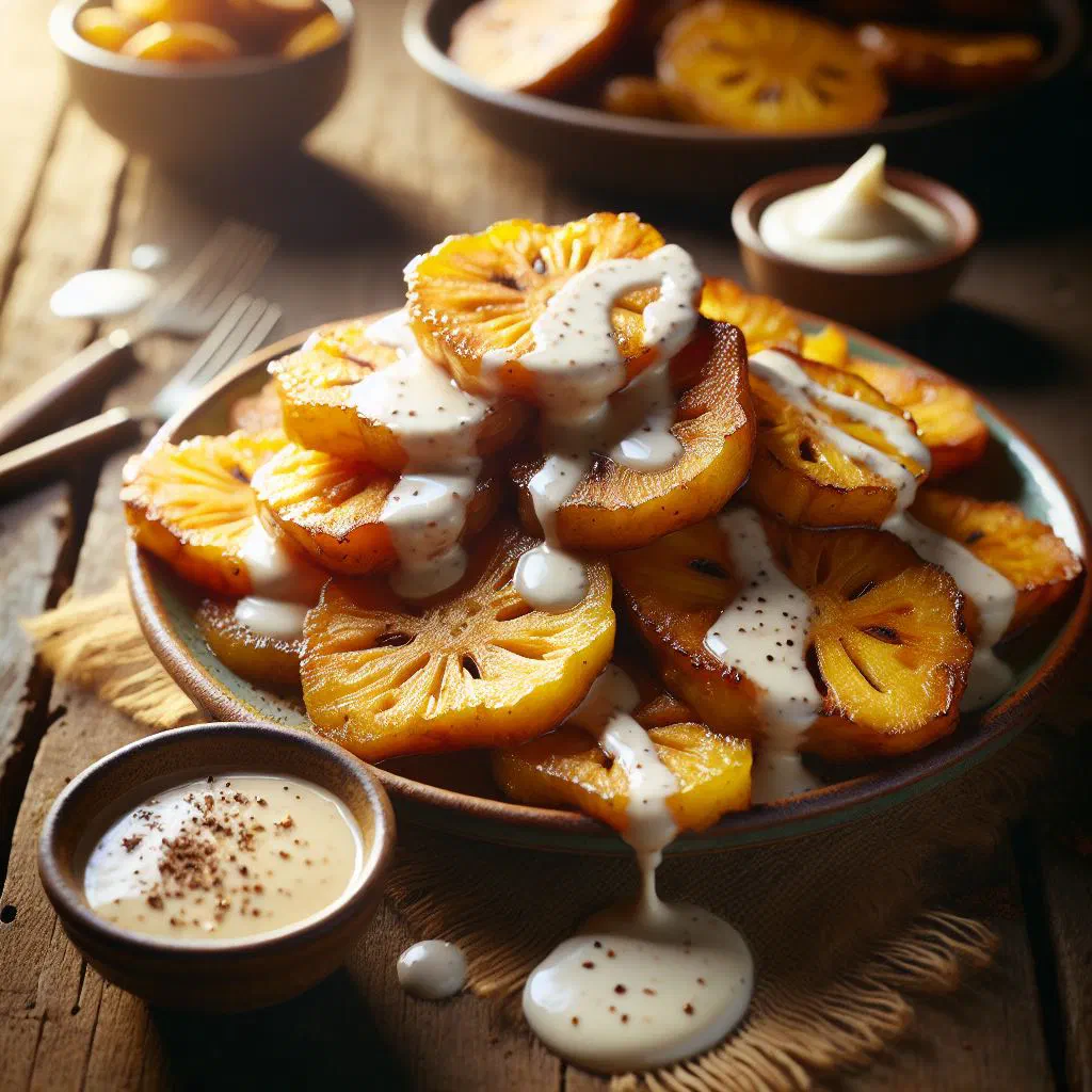 Golden fried breadfruit pieces drizzled with creamy vanilla sauce