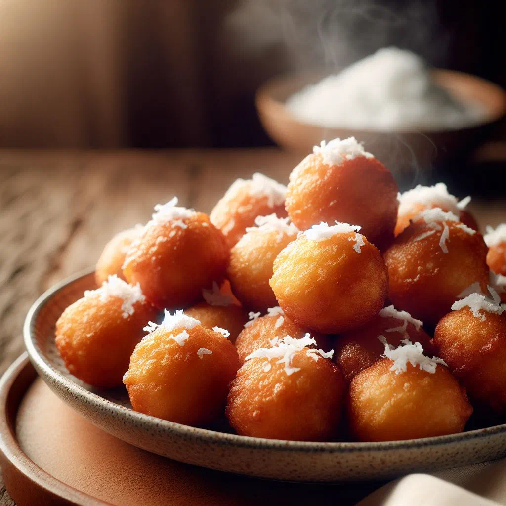 Golden fried coconut dough balls dusted with sugar on a plate