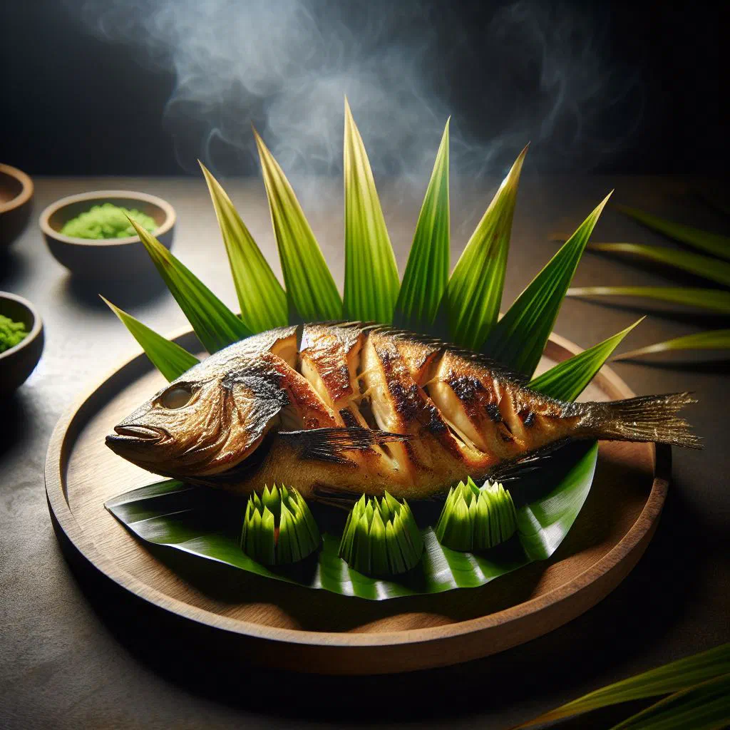 Fresh fish fillets wrapped in pandan leaves and grilled, garnished with lime and herbs
