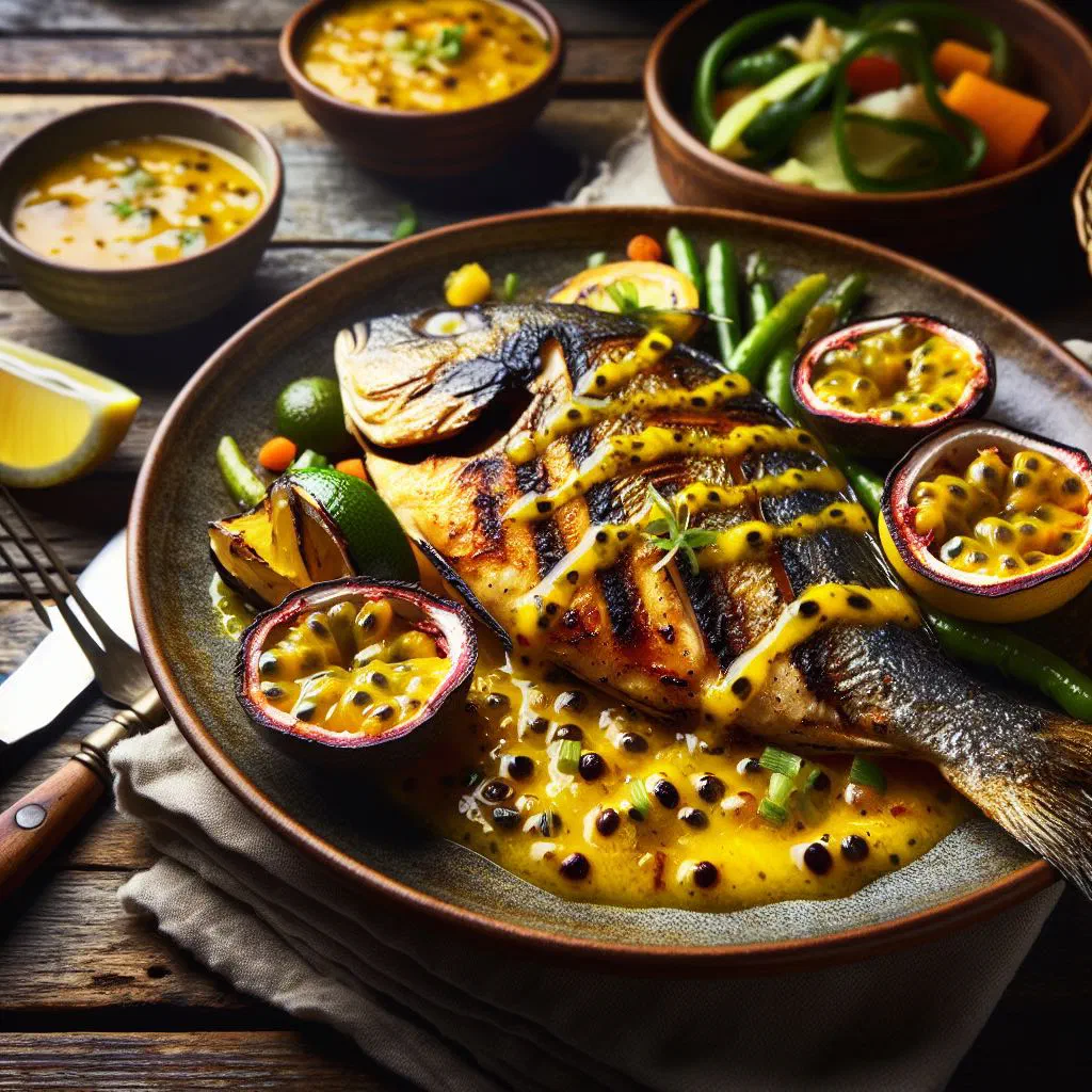 Grilled fish fillet drizzled with bright passion fruit sauce and fresh herbs