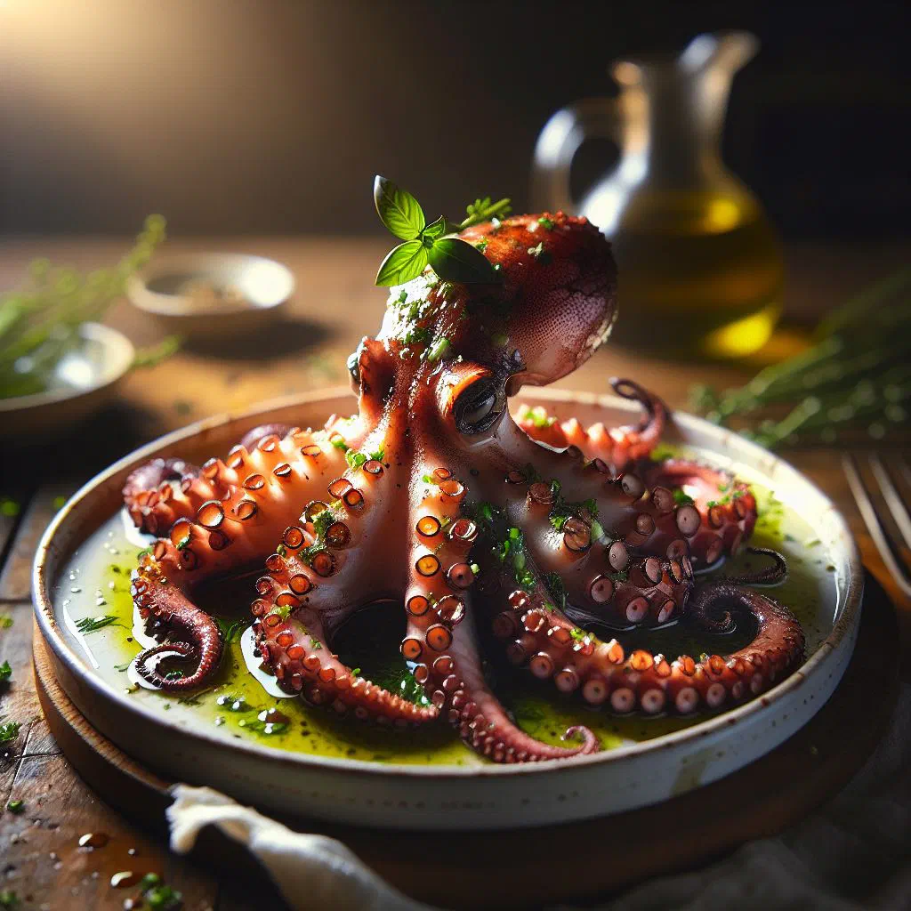 Grilled octopus with lemongrass, lime and fresh coriander on a platter