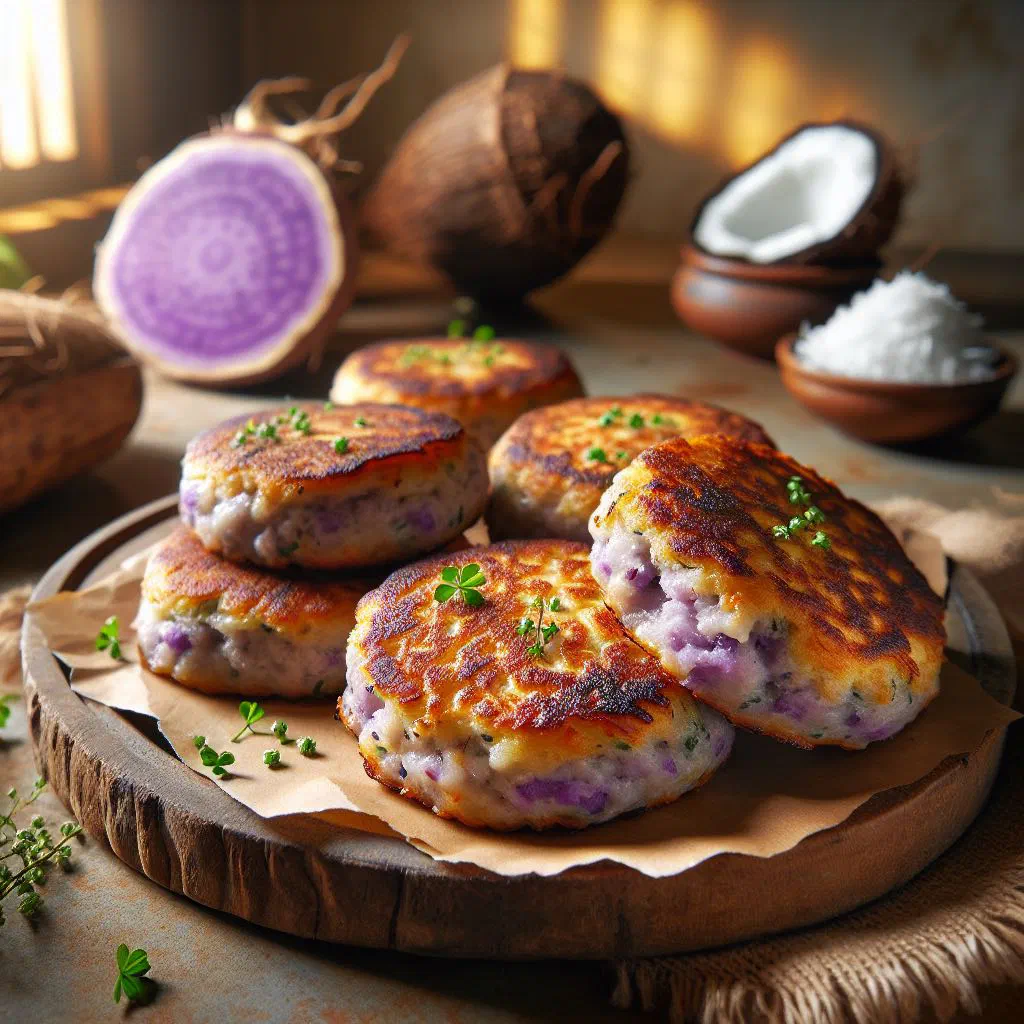 Golden grilled taro and coconut patties on a plate