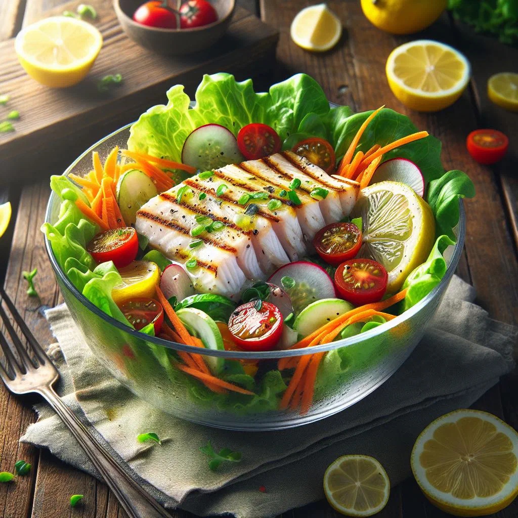 Lemon fish salad with fresh fish, citrus and crisp vegetables