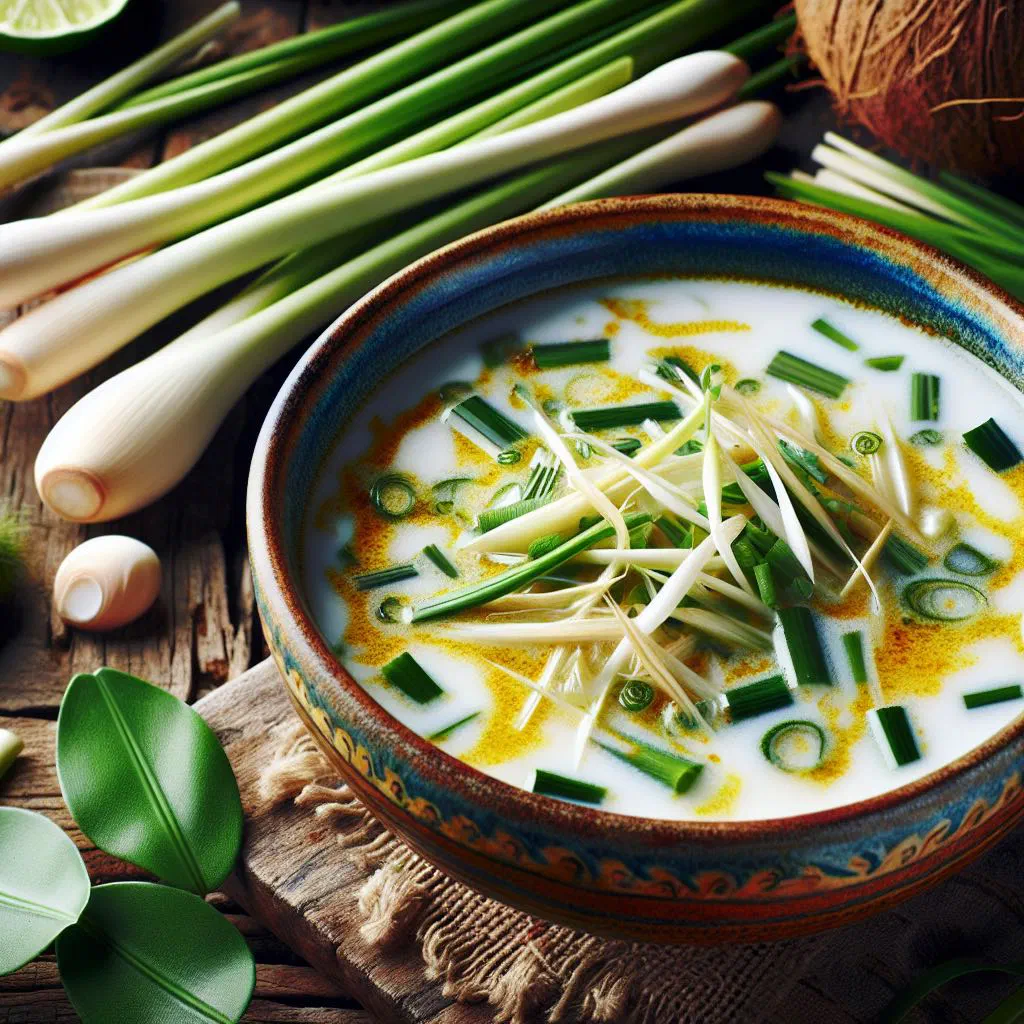 Bowl of creamy lemongrass coconut soup garnished with fresh coriander