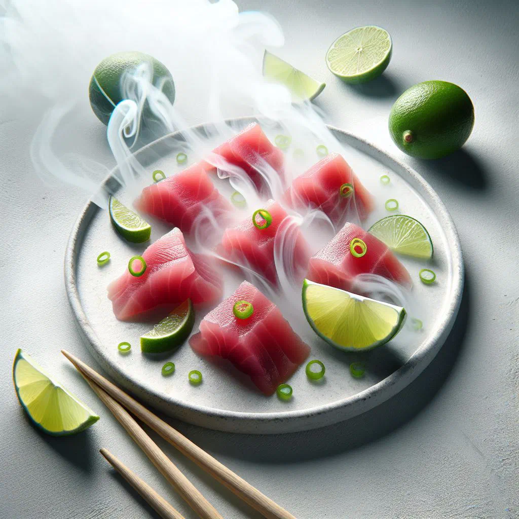 Cubes of fresh tuna sashimi dressed with lime and garnished with coriander