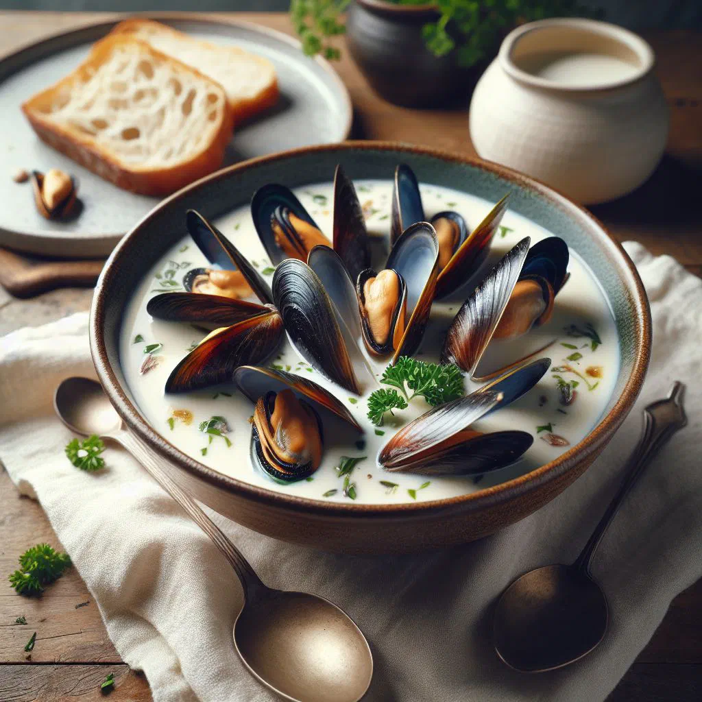 Bowl of mussel soup in creamy coconut broth garnished with coriander and red chilli