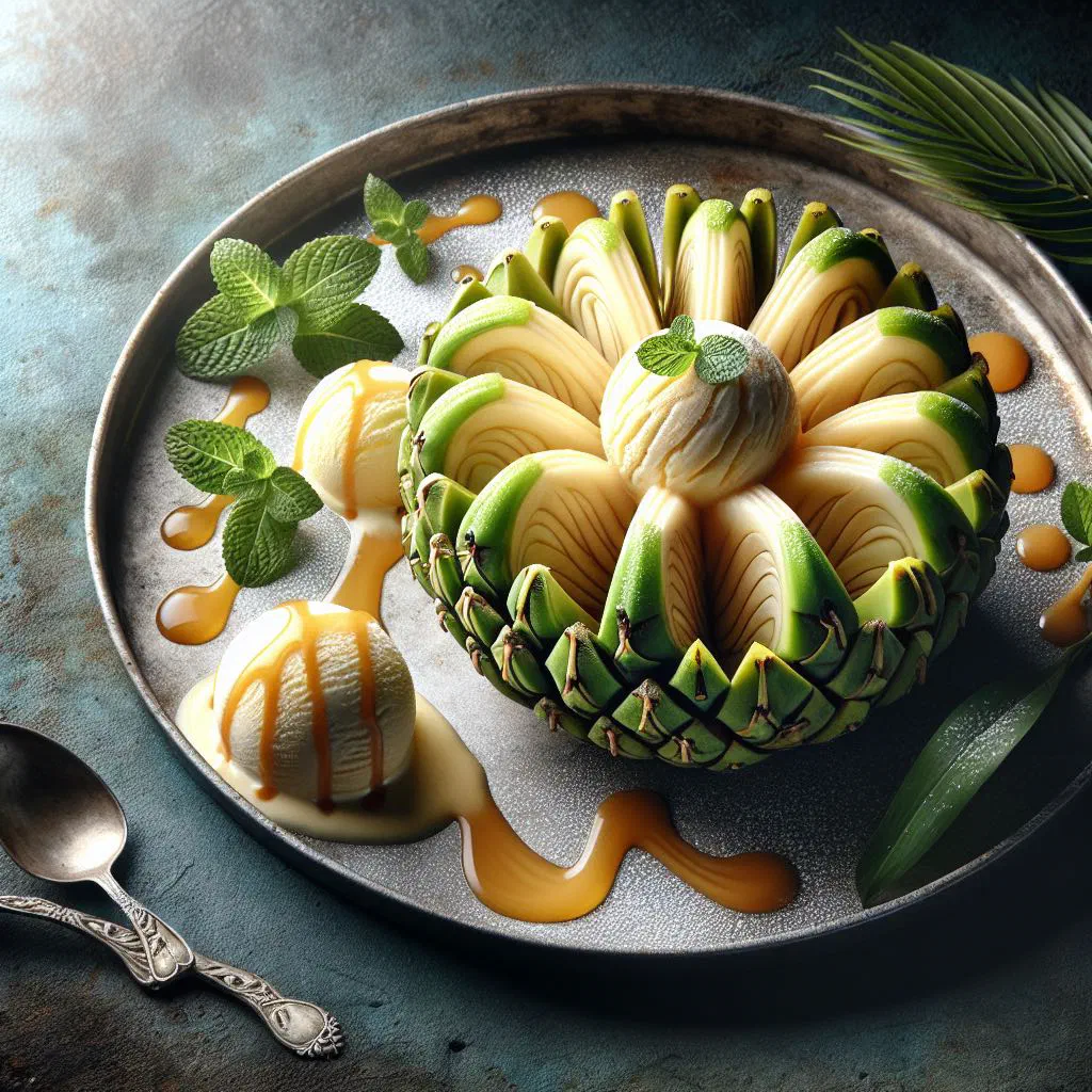 Chilled pandanus fruit dessert in coconut milk garnished with fresh tropical fruit