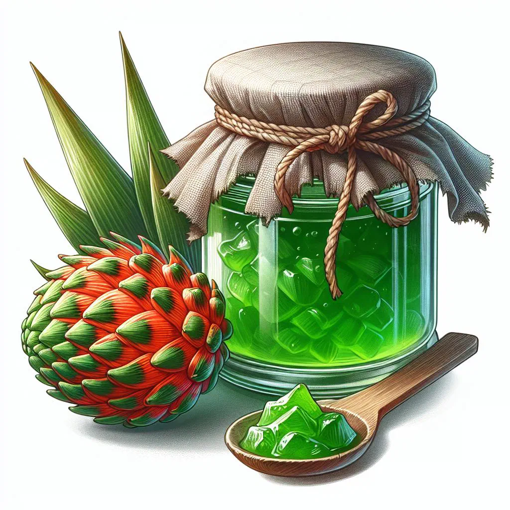 Jar of golden pandanus jam with fresh pandanus fruit alongside