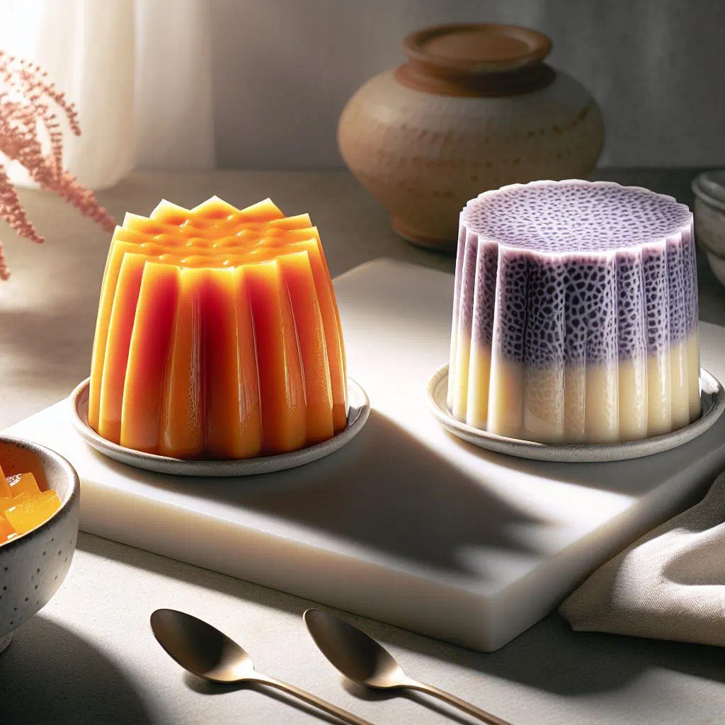 Creamy papaya and taro pudding in a glass topped with fresh mint