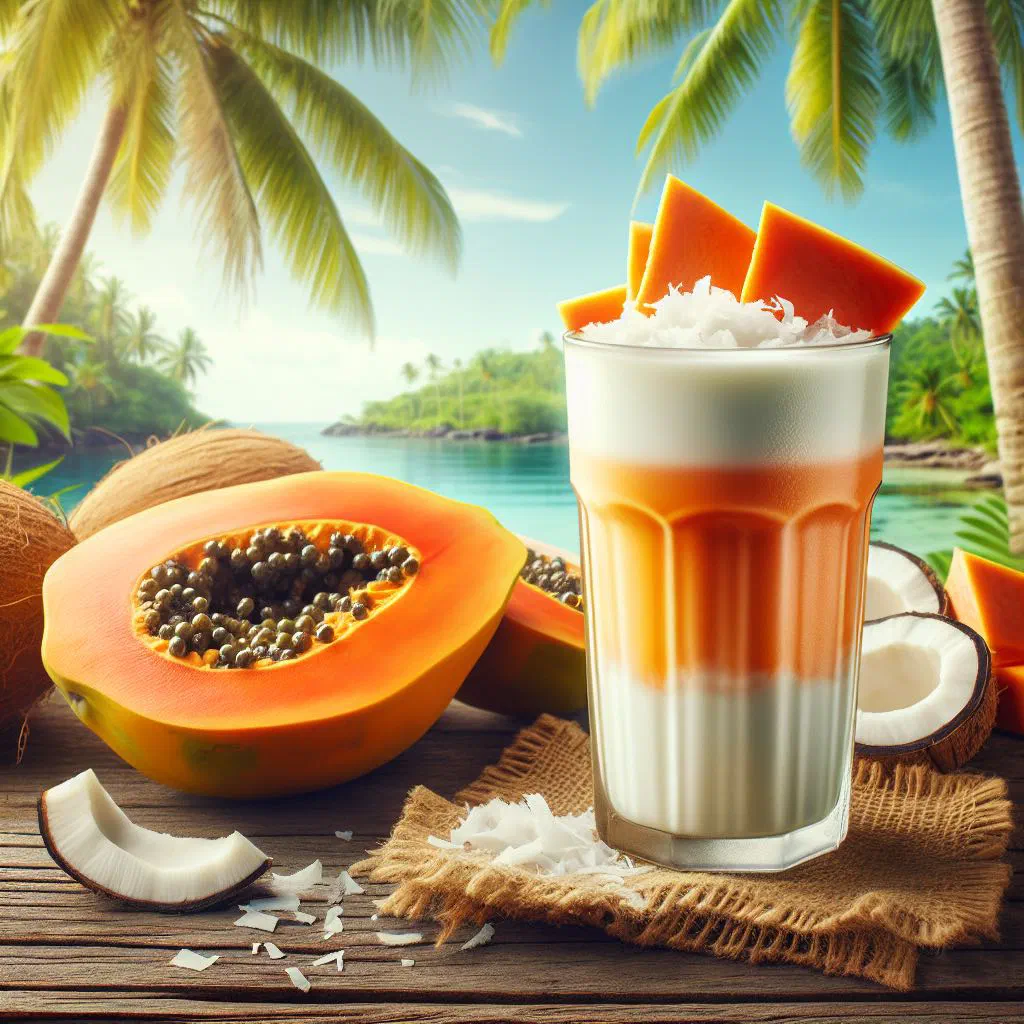 Creamy papaya coconut shake in a glass garnished with fresh fruit