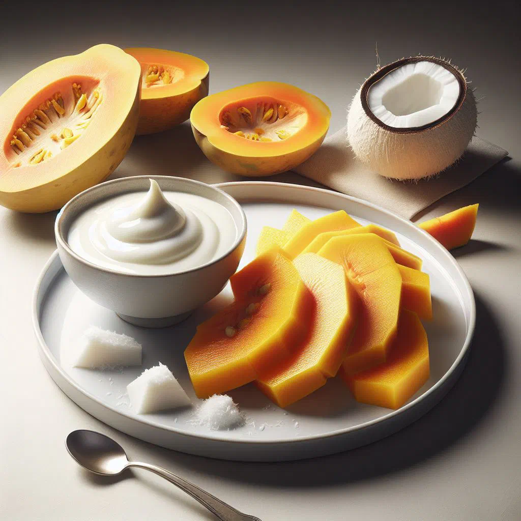 Creamy pawpaw and coconut dessert in a glass topped with fresh mint