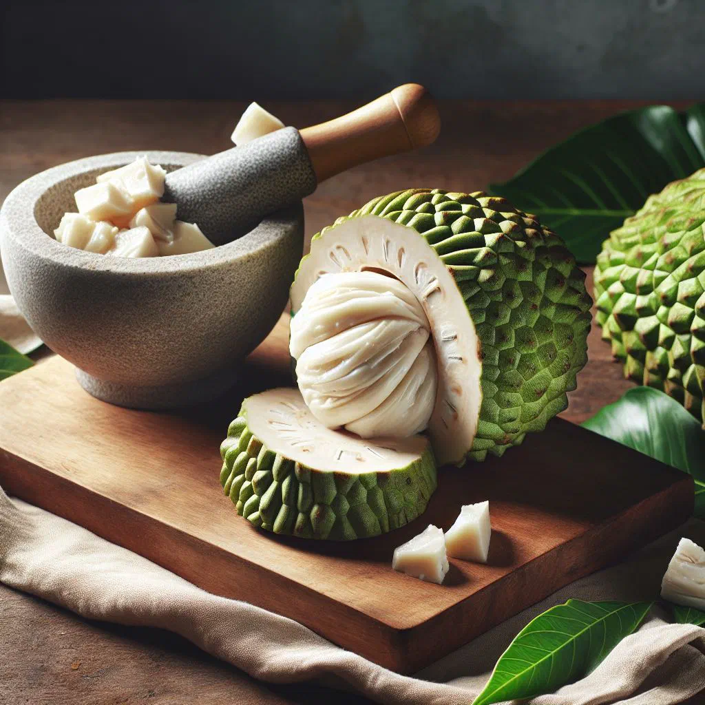 Bowl of smooth pounded breadfruit topped with grated coconut