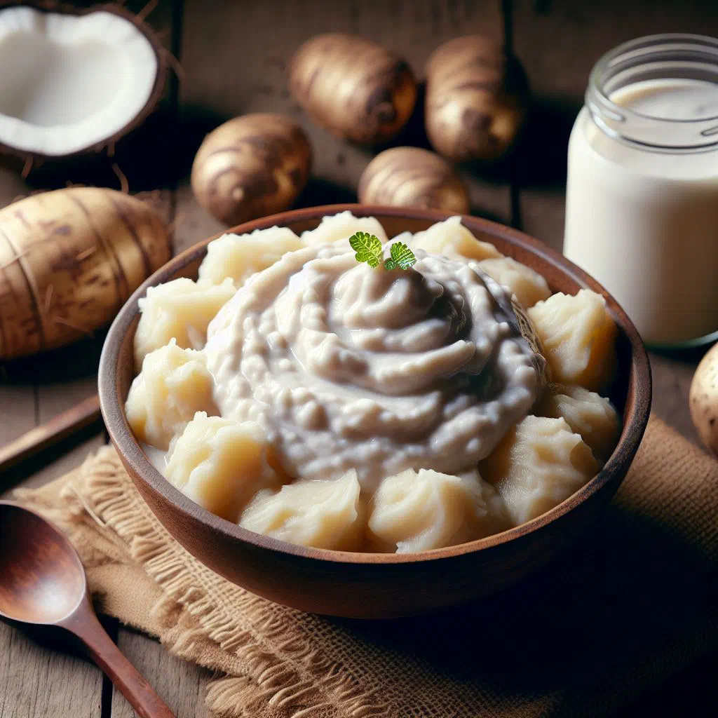Bowl of pounded taro topped with rich coconut cream